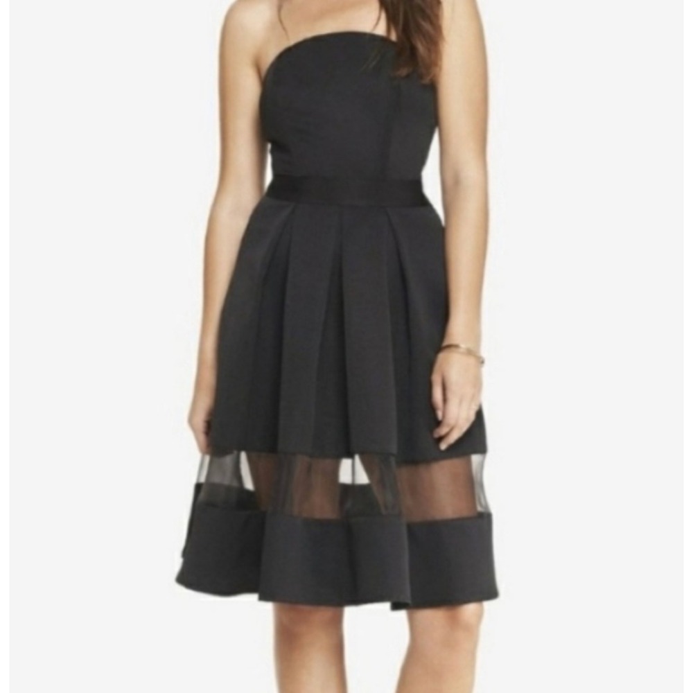 EXPRESS Black Strapless Fit Flare Midi Dress Mesh Insert Size 10 Cocktail